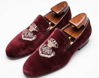 Handmade Mens Maroon Velvet Embroidered Shoes Slip Ons Loafer Style Shoes