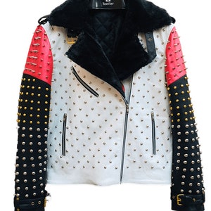 Steam punk Leather Studded Jacket, Sherpa Collar White & Black Leather Studded Jacket, Silver Studded Rocker Style Jacket