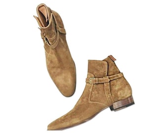 Handmade Men&#39;s High Ankle Beige Suede Monk Strap Buckle Long Boot