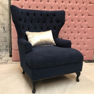 amazing handmade buttoned armchair chesterfield style velvet navy blue