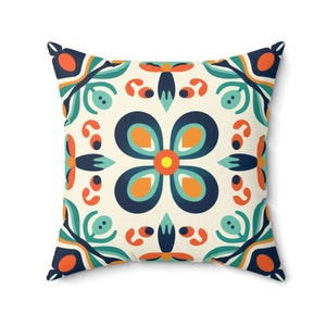 Folk Art Decorative Throw Pillow | 16 x 16 Throw Pillow | 18 x 18 Throw Pillow | Orange/Blue | Floral Decor | Boho Decor | Gifts