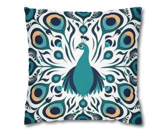 Scandinavian Peacock Decorative Throw Pillow Cover, 16 x 16 Throw Pillow Cover | 18 x 18 Throw Pillow Cover | Blue Pillow | Animal Pillow