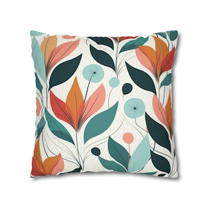 Modern Floral Scandinavian Throw Pillow Cover | 16 x 16 Throw Pillow Cover | 18 x 18 Throw Pillow Cover | Orange/Teal/Pink | Gifts