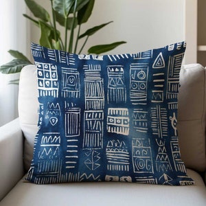 Dark Blue Mudcloth Pattern Throw Pillow | 16 x 16 Throw Pillow | 18 x 18 Throw Pillow | Tribal Pillow | African Pillow | Washable