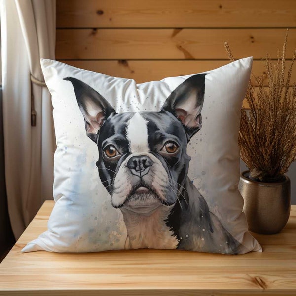 Watercolor Boston Terrier Throw Pillow |  16 x 16 throw pillow | 18 x 18 throw pillow | Modern Art Pillow | Dog Pillow | Gifts