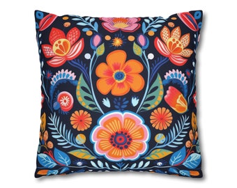 Floral Scandinavian Decorative Throw Pillow Cover | 16 x 16 Throw Pillow Cover | 18 x 18 Throw Pillow Cover | Black/Multi | Lively Decor