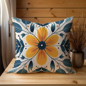 Floral Scandinavian Decorative Throw Pillow | 16 x 16 Throw Pillow | 18 x 18 Throw Pillow | Yellow/Blue | Summer Pillow | Gifts