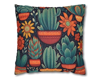 Cactus Decorative Throw Pillow Cover | 16 x 16 Throw Pillow Cover | 18 x 18 Throw Pillow Cover | Orange/Green/Black | Plant Pillow | Gifts