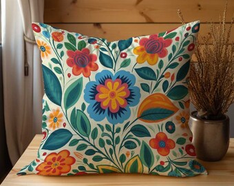 Floral Scandinavian Decorative Throw Pillow | 16 x 16 Throw Pillow | 18 x 18 Throw Pillow | Blue/Green/Orange | Modern Pillow | Gifts