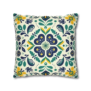 Folk Art Decorative Throw Pillow Cover | 16 x 16 Throw Pillow Cover | 18 x 18 Throw Pillow Cover | Blue/Green/Yellow | Floral Decor | Gifts