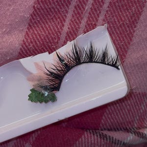 Könnte beinhalten: Ein Paar schwarze falsche Wimpern in einer weißen Kunststoffschale, mit einem kleinen grünen Blattakzent. Die Wimpern sind lang und voll, und die Schale ist vor einem rosa-roten Karohintergrund platziert.