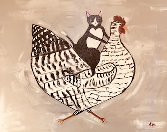 May include: A black and white cat riding on the back of a black and white chicken. The chicken has a red comb and wattle. The background is a light gray.