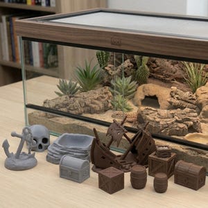 Op de afbeelding: Een rechthoekig glazen terrarium met een houtlook frame bevat zand, rotsen, cactussen en een hagedis. Voor het terrarium staan nautische miniatuurvoorwerpen van kunststof, waaronder een grijs anker, schedel, schatkist en bruine scheepswrakken, kratten en vaten.