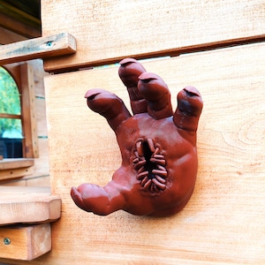 Op de afbeelding: Een bruine, vlezige hand met een gapend, mondvormig gat in de palm, bevestigd aan een houten oppervlak.