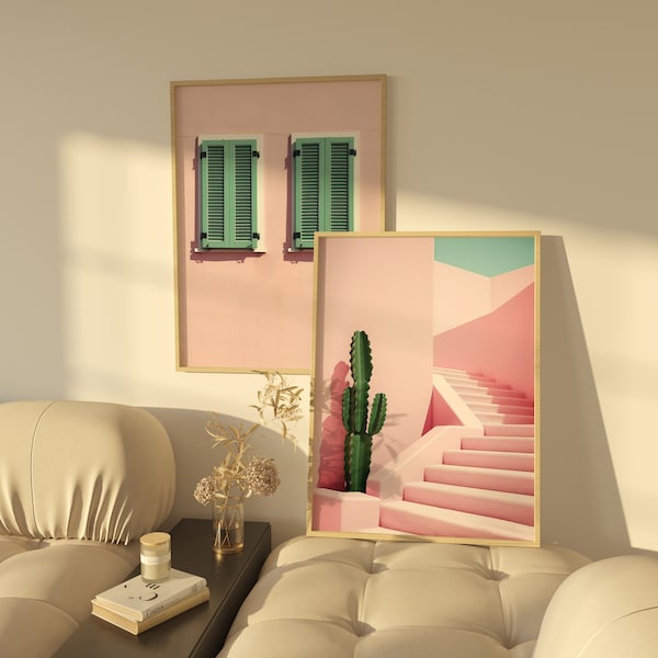 Modern Pink And Green Architecture Wall Art Set Of 2 Trendy Green And Pink Printable Wall Art Pink Aesthetic Room Décor Preppy Wall Art