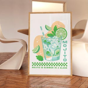 Mojitos cocktail wall art print, colorful bar cart poster, trendy kitchen decor, retro Mojito wall print, preppy cheers wall art