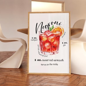 Przepis na drinka Negroni na ścianę, nowoczesny wystrój baru kuchennego, minimalistyczny plakat z drinkiem, modny nadruk Negroni, sygnowana dekoracja ścienna z drinkiem