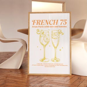 French 75 cocktail wall art print, colorful bar cart poster, trendy kitchen decor, retro French 75 wall print, preppy cheers wall art