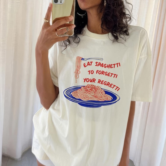 Eat Spaghetti To Forgetti Your Regretti Shirt Retro Spaghetti T-Shirt Funny Pasta Lover Gift Oversized Italian Graphic Tee Cute Pasta TShirt