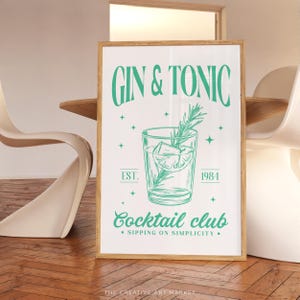 Impressão de arte de parede para coquetel de gim tônica, pôster colorido de carrinho de bar, decoração de cozinha moderna, impressão de parede para coquetel de gim retrô, arte de parede para coquetel de estilo preppy cheers