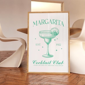 Impresión de margarita, arte de pared de club de cócteles, póster colorido de carrito de bar, decoración de cocina de moda, impresión de pared de alcohol retro, arte de pared de porras preppy