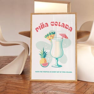 Pina coladas cocktail wall art print, colorful bar cart poster, trendy kitchen decor, retro pina coladas wall print, preppy cheers wall art