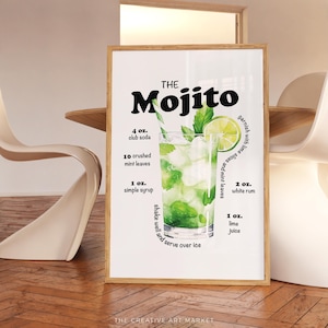 Mojito cocktail recipe wall art print, modern kitchen bar decor, minimalist cocktail poster, trendy Mojito print, signature drink wall art