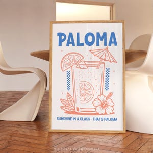 Paloma cocktail wall art print, colorful bar cart poster, trendy kitchen decor, retro paloma wall print, preppy cheers wall art