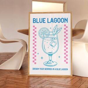 Blue lagoon cocktail wall art print, colorful bar cart poster, trendy kitchen decor, retro Blue lagoon wall print, preppy cheers wall art