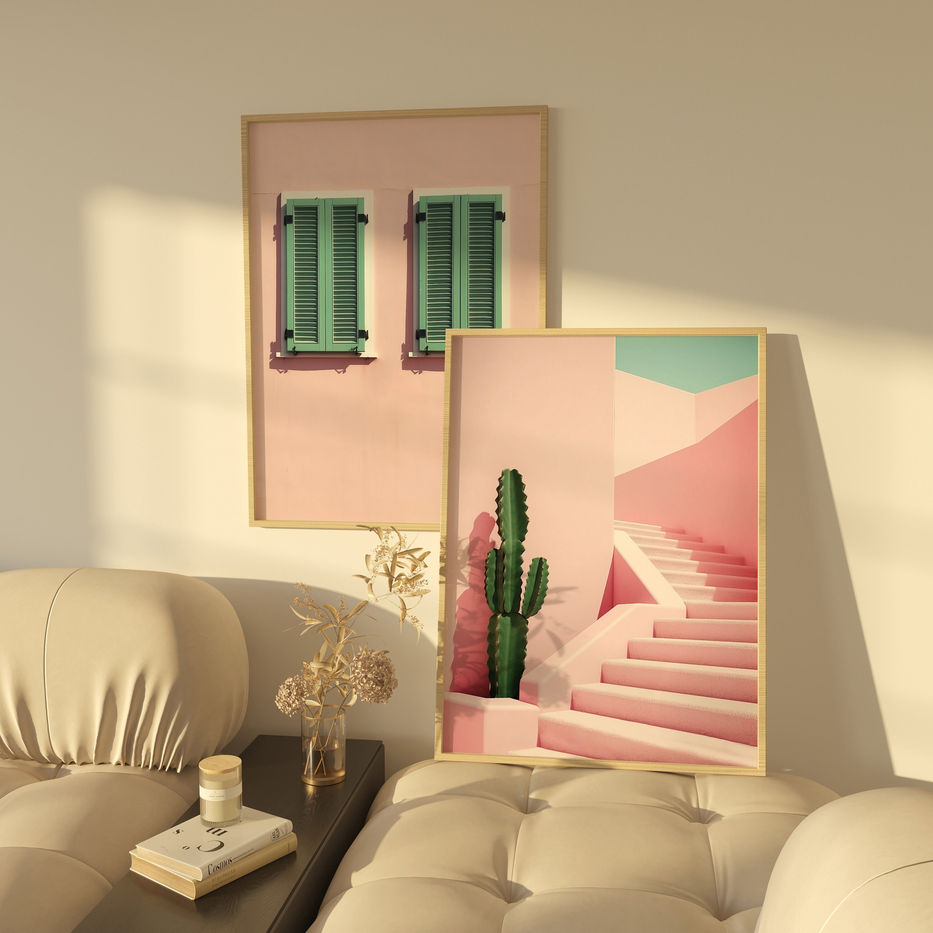 Modern Pink and Green Architecture Wall Art Set of 2 Trendy Green and