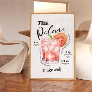 Paloma cocktail recipe wall art print, modern kitchen bar decor, minimalist cocktail poster, trendy Paloma print, signature drink wall art