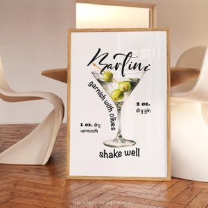 Martini cocktail recipe print, modern kitchen bar decor, minimalist cocktail poster, trendy dirty martini print, signature drink wall art