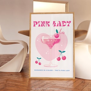 Pink lady cocktail wall art print, colorful bar cart poster, trendy kitchen decor, retro Pink lady wall print, preppy cheers wall art