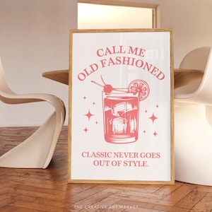 Old fashioned cocktail wall art print, colorful bar cart poster, trendy kitchen decor, retro Old fashioned wall print, preppy cheers art
