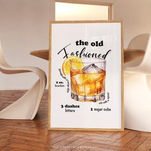 Old fashioned cocktail recipe wall art print, modern kitchen bar decor, minimalist cocktail poster, trendy signature drink wall art
