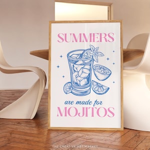 Mojitos cocktail wall art print, colorful bar cart poster, trendy kitchen decor, retro Mojito wall print, preppy cheers wall art