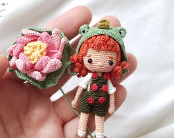 Lien - Miniature Amigurumi 7cm handmade doll and Lotus flower , amigurumi toy, frog hat , birthday gift