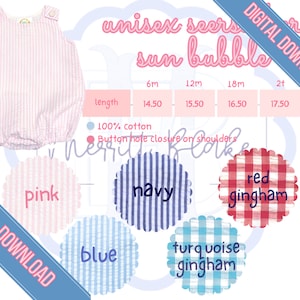 Blanks Boutique Unisex Seersucker Sun Bubble Carta de colores Plantilla de tabla de tamaños Recurso de bordado Burbuja en blanco