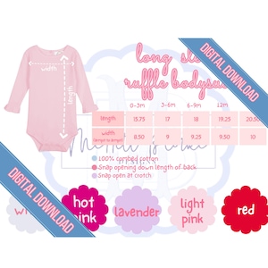 Blanks Boutique Long Sleeve Ruffle Bodysuit Color Chart Size Chart Template Embroidery Resource Blank Shirt