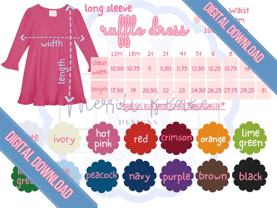 Blanks Boutique Girls Long Sleeve Ruffle Dress Empire Waist Color Chart Size Chart Template Embroidery Resource Blank Shirt Etsy
