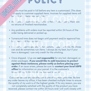 May include: A blue and white checkered background with a pink banner that says "DIGITAL DOWNLOAD" at the top. The text "POLICY" is in large blue letters. The text below explains the shop's policies, including payment, shipping, returns, and customer service.