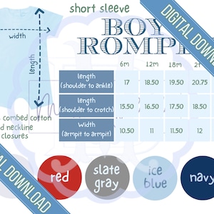May include: A size chart for a short-sleeved boy romper with measurements in inches. The chart includes length from shoulder to ankle, length from shoulder to crotch, and width from armpit to armpit. The romper is available in sizes 6 months, 12 months, 18 months, 21 months, and 24 months. The romper is available in red, slate gray, ice blue, and navy.