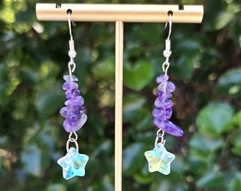 Gemstone STAR dangle earrings! Amethyst, silver, dangle, stars...what more could you ask for?