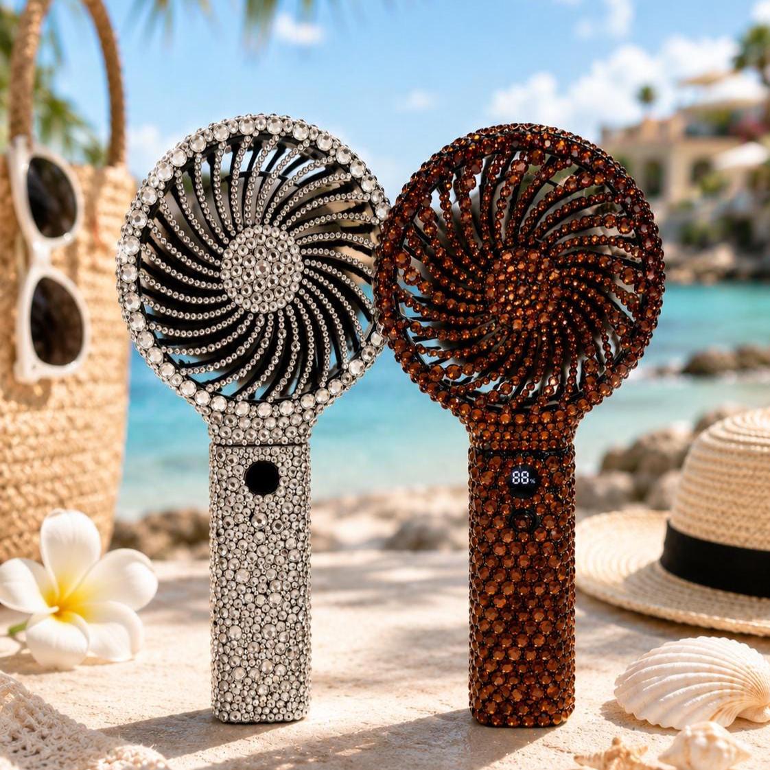Hand-Stoned Rhinestone Portable Fan | 6-Speed, Rechargeable