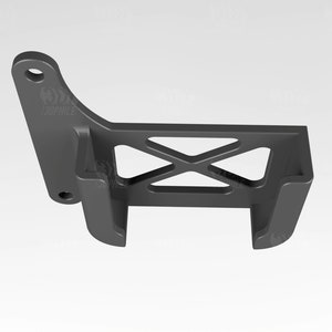 May include: A black 3D printed bracket with a lattice design. The bracket has a rectangular shape with a curved section on the left side.