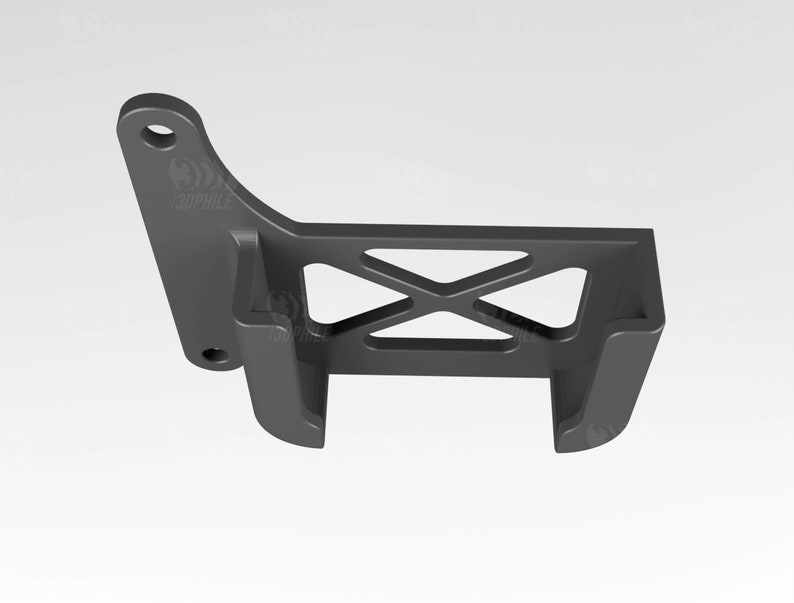 May include: A black 3D printed bracket with a lattice design. The bracket has a rectangular shape with a curved section on the left side.