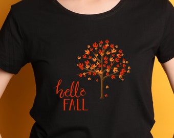 Hello Fall T-Shirt: Autumn Leaves, Pumpkins, and Fall Vibes