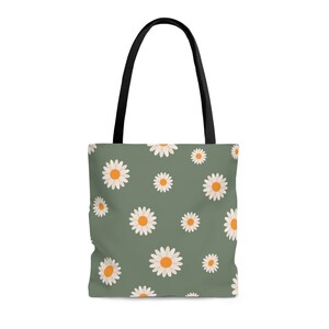 Daisy Tote Bag, Floral Bag, Green tote bag, White Daisy Bag, Daisy Gifts, Gift for Her, Woman&#39;s Travel bag, Beach bag, Shopping bag, Grocery