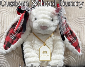 Custom College or High School Jellycat Bunny, Graduation Gift Plush with School Mascot Fabric, Personalized Ears & Feet