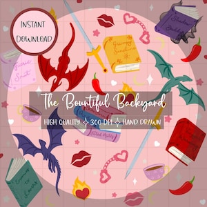 May include: A digital illustration with fantasy themes, including dragons, swords, books, and chilli peppers. The text "The Bountiful Backyard" is displayed, along with "Instant Download" and other text. The colour scheme includes red, pink, and purple.